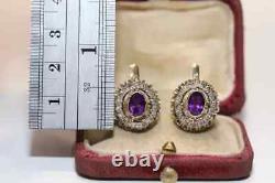 Vintage Russian 14K Yellow Gold Plated 3Ct Oval Simulated Amethyst Drop Earrings