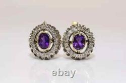 Vintage Russian 14K Yellow Gold Plated 3Ct Oval Simulated Amethyst Drop Earrings