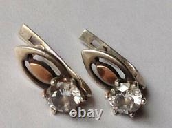 Vintage Russian Earrings Sterling Silver 925 & Gold 375 Zircon Women's Jewelry