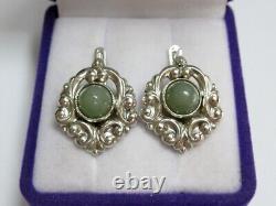 Vintage Russian Earrings Sterling Silver 925 Jade, Women's Jewelry 7.84 gr