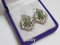 Vintage Russian Earrings Sterling Silver 925 Jade, Women's Jewelry 7.84 gr