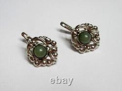 Vintage Russian Earrings Sterling Silver 925 Jade, Women's Jewelry 7.84 gr