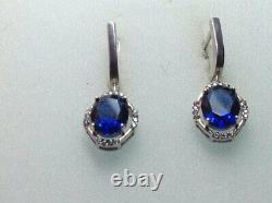 Vintage Russian Earrings Sterling Silver 925 Sapphire Women's Jewelry Fashion