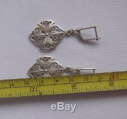 Vintage Russian Filigree Sterling Silver 925 22K Soviet Star Dangle Earrings