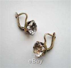 Vintage Russian Russia Gilded Sterling Silver 925 12.5MM Rock Crystal Earrings