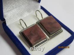 Vintage Russian Soviet Earrings Sterling Silver 875 Rhodonite, Women's Jewelry