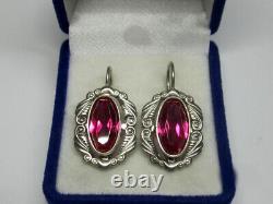 Vintage Russian Soviet Earrings Sterling Silver 875 Ruby, Women's Jewelry 8.16g