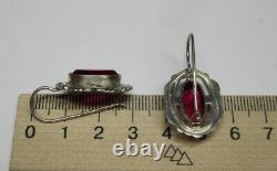 Vintage Russian Soviet Earrings Sterling Silver 875 Ruby, Women's Jewelry 8.16g