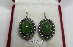 Vintage Russian Soviet Earrings Sterling Silver 925 Jade, Women's Jewelry 8.01gr