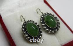 Vintage Russian Soviet Earrings Sterling Silver 925 Jade, Women's Jewelry 8.01gr