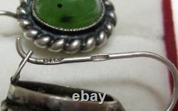 Vintage Russian Soviet Earrings Sterling Silver 925 Jade, Women's Jewelry 8.01gr