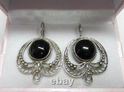 Vintage Russian Soviet Earrings Sterling Silver 925 Obsidian, Women's Jewelry