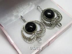 Vintage Russian Soviet Earrings Sterling Silver 925 Obsidian, Women's Jewelry