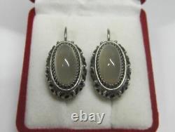 Vintage Russian Sterling Silver 875 Moon Stone Earrings Soviet Jewelry USSR