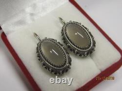 Vintage Russian Sterling Silver 875 Moon Stone Earrings Soviet Jewelry USSR