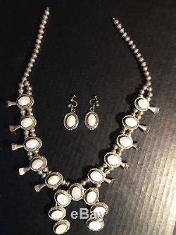 Vintage SQUASH BLOSSOM Necklace with Matching Earrings Mother of Pearl Sterling