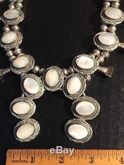 Vintage SQUASH BLOSSOM Necklace with Matching Earrings Mother of Pearl Sterling