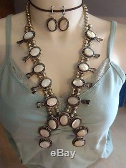 Vintage STERLING Mother of Pearl Squash Blossom Necklace 160 grams EARRINGS 13g