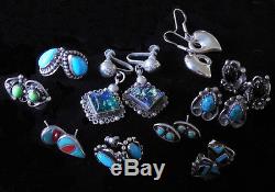 Vintage STERLING SILVER Turquoise Coral 10 Pair EARRINGS Jewelry LOT Some Signed