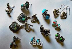 Vintage STERLING SILVER Turquoise Coral 10 Pair EARRINGS Jewelry LOT Some Signed
