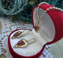 Vintage Set Earrings Pendant Ruby Soviet Russian Gilt Sterling Silver 925 USSR