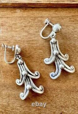 Vintage Signed Margot de Taxco Aztec Sterling Silver Drop Screw Back Earrings