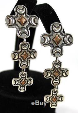 Vintage Signed Sterling Silver Copper Triple Cross Dangling Earrings 2.25h