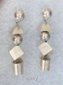 Vintage Signed Sterling Silver Modernist Geometric Ball Bead Dangle Earrings