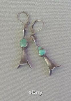 Vintage Silver Turquoise Drop Dangle Squash Earrings Sterling Leverback Wires