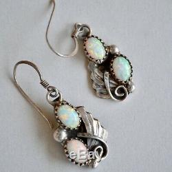 Vintage Small Navajo Opal Sterling Silver Leaf Design Earrings