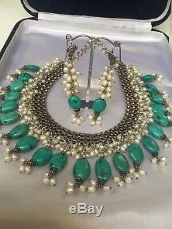 Vintage Solid Sterling Silver Turquoise & Freshwater Pearl Necklace Earring Set