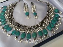 Vintage Solid Sterling Silver Turquoise & Freshwater Pearl Necklace Earring Set