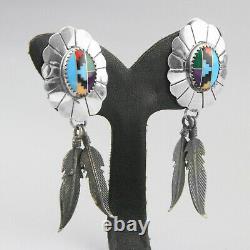 Vintage Southwest Concho Multi-Stone Sterling Silver Feather Inlay Earrings