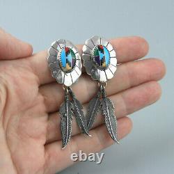 Vintage Southwest Concho Multi-Stone Sterling Silver Feather Inlay Earrings