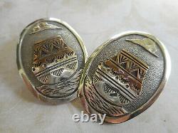 Vintage Southwest Sterling Silver & Brass Accents Large Oval Earrings 25-F73