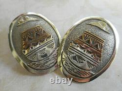 Vintage Southwest Sterling Silver & Brass Accents Large Oval Earrings 25-F73