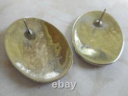 Vintage Southwest Sterling Silver & Brass Accents Large Oval Earrings 25-F73