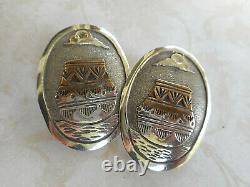 Vintage Southwest Sterling Silver & Brass Accents Large Oval Earrings 25-F73