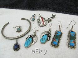 Vintage Southwest Sterling Silver Lot 11 pc Turquoise Earrings Bracelet 44grams