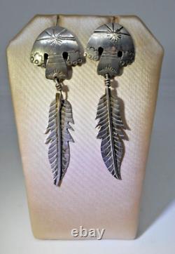 Vintage Southwestern Feather Dangle Earrings Sterling Silver Navajo Sun & Clouds