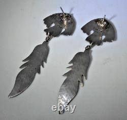 Vintage Southwestern Feather Dangle Earrings Sterling Silver Navajo Sun & Clouds