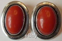 Vintage Southwestern Lg Red Coral Cabochon Sterling Silver Clip On Earrings