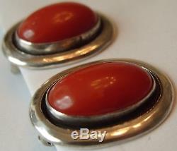 Vintage Southwestern Lg Red Coral Cabochon Sterling Silver Clip On Earrings