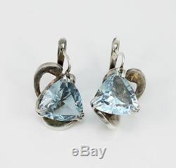 Vintage Soviet Era Russian Modernist Aquamarine Earrings Sterling Silver LQ15-F