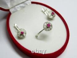 Vintage Soviet Set Earrings Ring Sterling Silver 925 Ruby, Women's Jewelry