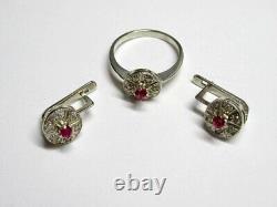 Vintage Soviet Set Earrings Ring Sterling Silver 925 Ruby, Women's Jewelry