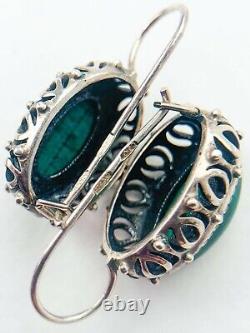 Vintage Soviet Sterling Silver 925 Stone Malachite Women's Jewelry Earrings 9.7g
