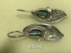 Vintage Soviet USSR Sterling Silver 925 Stone Malachite Women's Jewelry Earrings