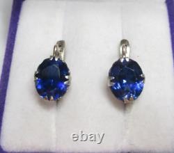 Vintage Soviet Women's Earrings Russian Sterling Silver 875 Sapphire Stone USSR