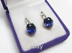 Vintage Soviet Women's Earrings Russian Sterling Silver 875 Sapphire Stone USSR